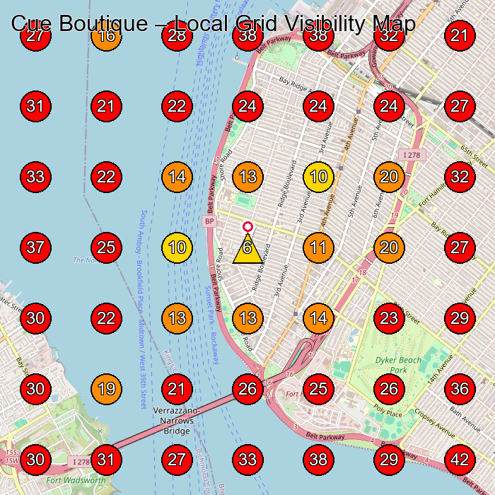 Cue Boutique GeoGrid visibility map for Women'S Clothing Store in Brooklyn